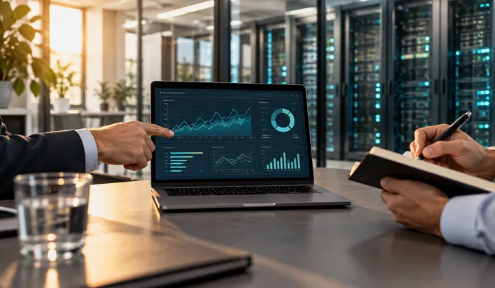 KI-generiertes Symbolfoto: Zwei Personen bewerten gemeinsam die IT-Infrastruktur anhand eines Laptop-Dashboards.