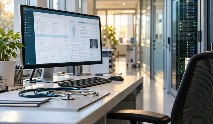 KI-generiertes Symbolfoto: Medizinischer Arbeitsplatz mit digitalen Patientenakten, Stethoskop und Servertechnik.