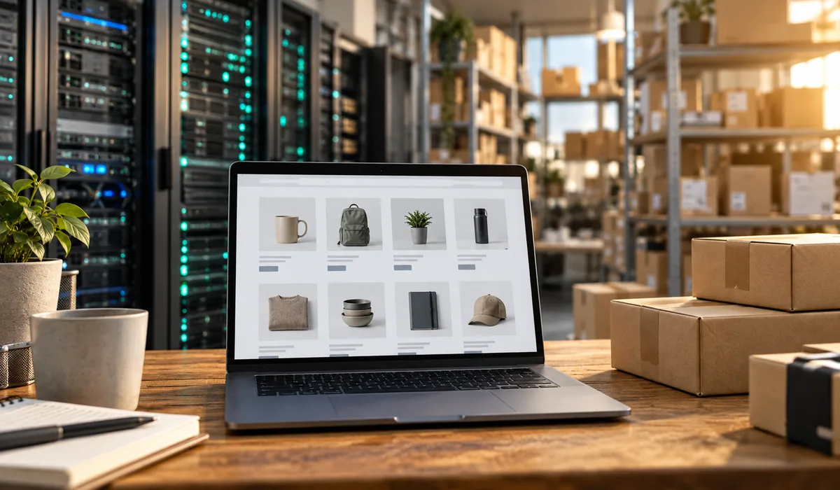 KI-generiertes Symbolfoto: Laptop mit einem Webshop neben Versandpaketen und Servertechnik.